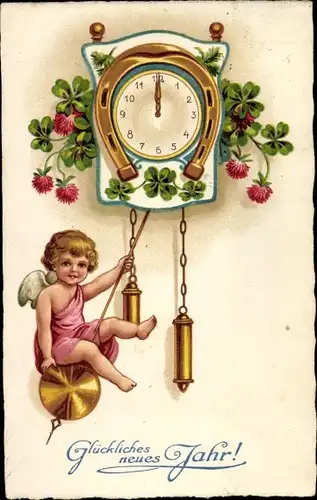 Litho Glückwunsch Neujahr, Engel auf dem Pendel einer Uhr, Kleeblätter, Hufeisen