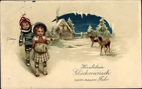 Präge Ak Glückwunsch Neujahr, Kinder, Rehe an einem Haus