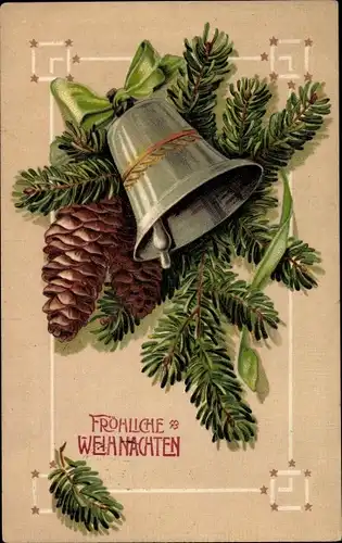 Präge Ak Glückwunsch Weihnachten, Glocke, Zapfen, Tannenzweig