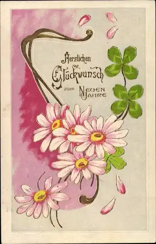 Präge Ak Glückwunsch Neujahr, Glücksklee, Margeriten