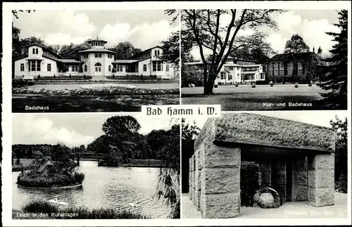 Ak Hamm in Westfalen, Badehaus, Kurhaus, Teich, Kuranlagen, Ehrenmal