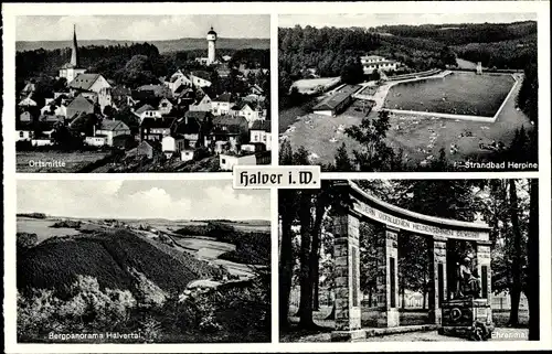 Ak Halver in Westfalen, Strandbad Herpine, Bergpanorama Hälvertal, Ehrenmal, Blick auf den Ort