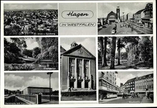 Ak Hagen in Westfalen, Hauptbahnhof, Panorama, Stadtgarten, Badstraße, Volmebrücke, Theater