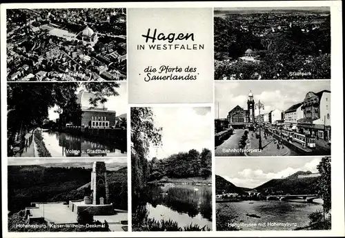 Ak Hagen in Westfalen Ruhrgebiet, Fliegeraufnahme, Stadtpark, Volme, Stadthalle, Bahnhofsvorplatz