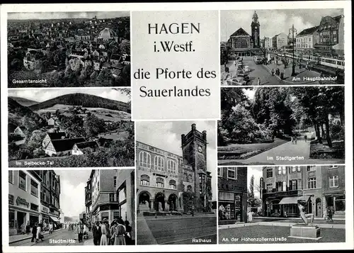 Ak Hagen in Westfalen, Stadtmitte, Hauptbahnhof, Stadtgarten, Hohenzollernstraße, Panorama