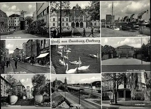 Ak Hamburg Harburg, Elbbrücke, Hallenbad, Hafen, Friedr. Ebert Halle, Lüneburger Straße