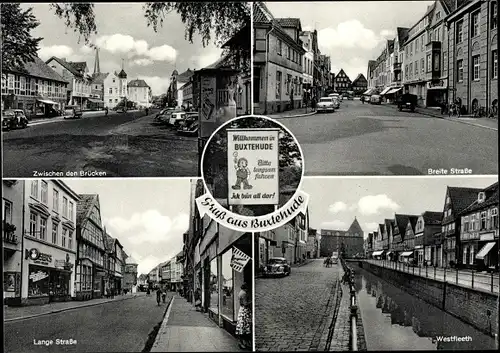 Ak Buxtehude in Niedersachsen, Breite Straße, Westfleeth, Lange Straße, Zw. den Brücken