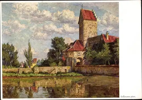 Künstler Ak Sollmann, Paul, Dinkelsbühl Mittelfranken, Rothenburger Tor und Weiher