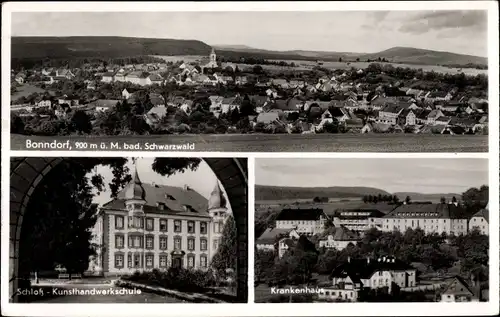 Ak Bonndorf im Schwarzwald, Schloss, Kunsthandwerkschule, Krankenhaus, Totalansicht