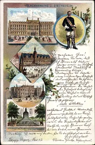 Litho Leipzig in Sachsen, Universität, Student, Rathaus, Museum, Denkmal