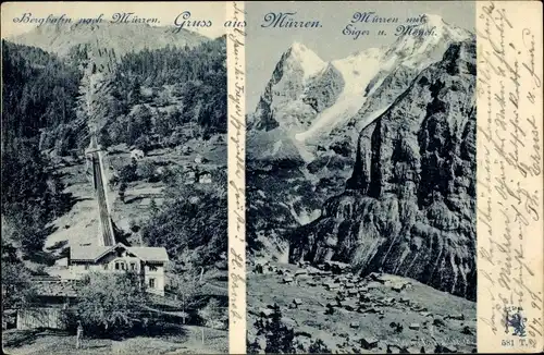 Ak Mürren Kanton Bern Schweiz, Bergbahn, Eiger, Mönch, Gebirge, Standseilbahn