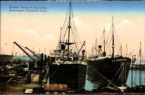 Ak Antwerpen Anvers Flandern, Bassin du Kattendyk, Dampfer SS Manhattan