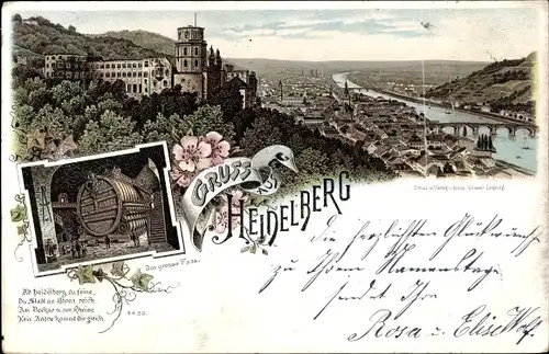 Litho Heidelberg am Neckar, Das große Fass, Schloss, Panoramablick auf die Stadt