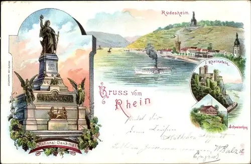 Litho Rüdesheim am Rhein in Hessen, Burg Rheinstein, Nationaldenkmal, Schweizerhaus