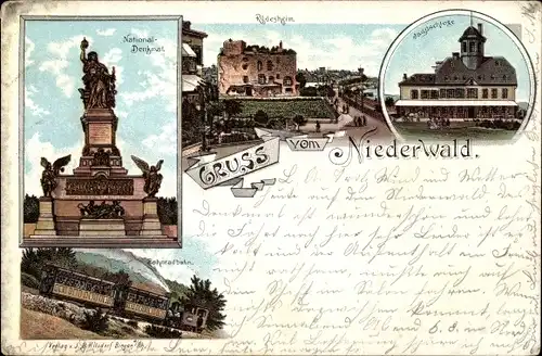 Litho Rüdesheim am Rhein in Hessen, Niederwald Denkmal, Zahnradbahn, Jagdschloss