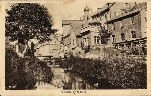 Ak Simmern Hunsrück, Fluss, Bäume Häuser, Brücke