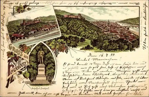 Litho Heidelberg am Neckar, Scheffel Denkmal, Gesamtansicht