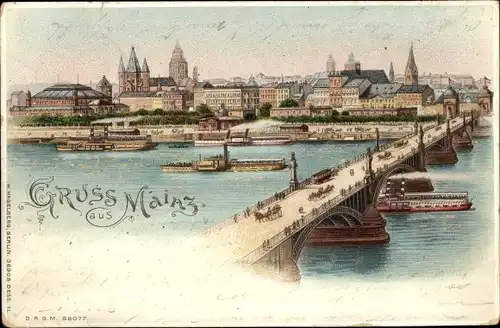 Litho Mainz am Rhein, Panorama, Brücke, Rheinpartie