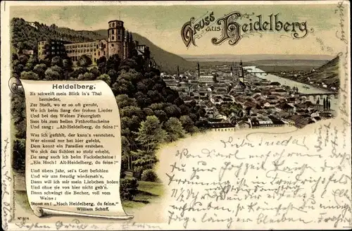 Litho Heidelberg am Neckar, Panorama von der Ortschaft, Gedicht von William Schüff