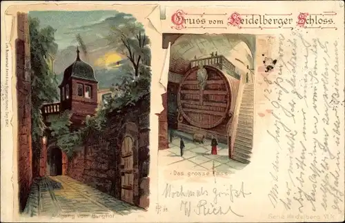 Litho Heidelberg, Heidelberger Schloss, das große Fass, Aufgang vom Burghof