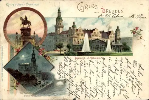 Litho Dresden in Sachsen, König Johann Denkmal, Kgl. Schloss, Kath. Hofkirche