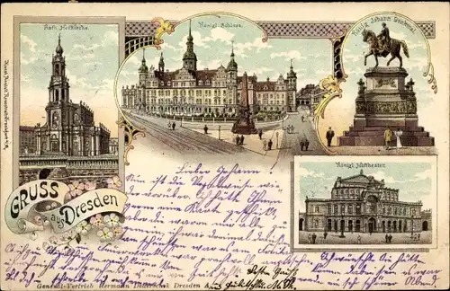 Litho Dresden, Kath. Hofkirche, Kgl. Schloss, Hoftheater, König Johann Denkmal