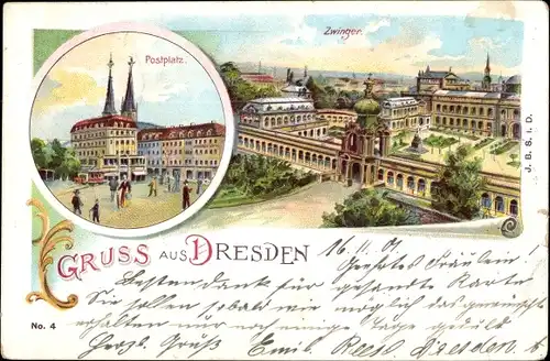 Litho Dresden Zentrum Altstadt, Postplatz, Zwinger