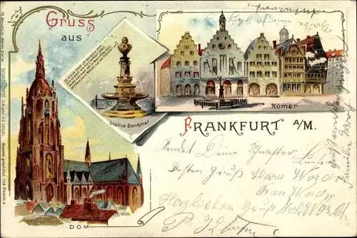 Litho Frankfurt am Main, Römer, Dom, Stoltze Denkmal