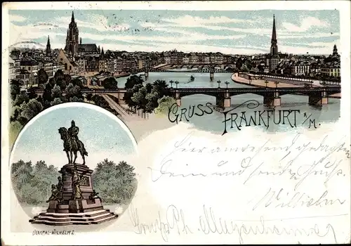 Litho Frankfurt am Main, Main mit Brücke und Stadtpanorama, Reiterdenkmal Wilhelm I