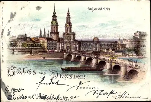 Litho Dresden Altstadt, Augustusbrücke, Stadtbild