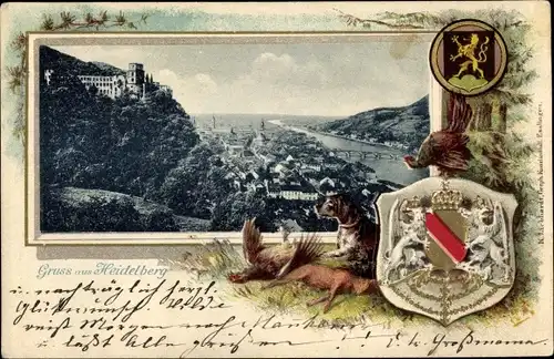 Präge Wappen Ak Heidelberg am Neckar, Teilansicht vom Ort, Jagdhund, Hühner