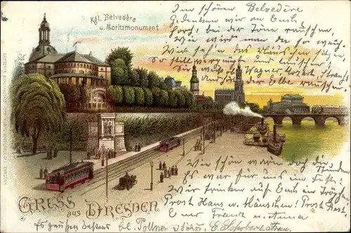 Litho Dresden Zentrum Altstadt, Kgl. Belvedere u. Moritzmonument