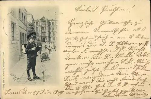 Künstler Ak Junge mit Schulranzen liest ein Buch