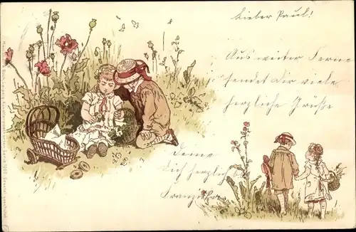 Litho Kinder auf eienr Wiese, kaputter Puppenwagen