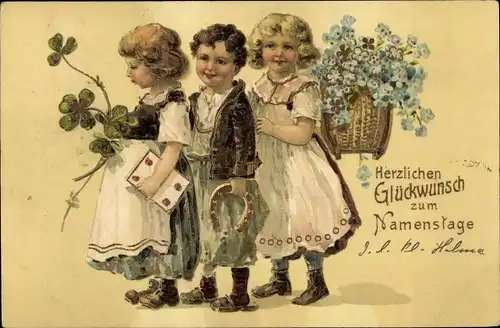 Präge Litho Glückwunsch Namenstag, Kinder mit Kleeblättern, Hufeisen, Vergissmeinnicht