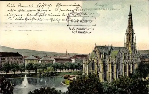 Ak Stuttgart in Baden Württemberg, Johanneskirche mit Feuersee
