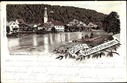 Litho Wolfratshausen in Oberbayern, Blick auf den Ort, Floß