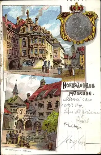 Präge Litho München Bayern, Hofbräuhaus, Medaille, Brunnen