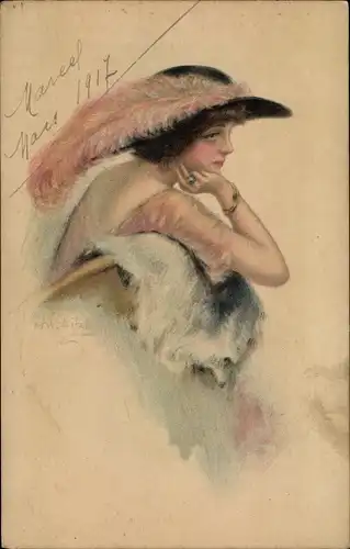 Künstler Ak Portrait einer jungen Frau mit Hut, Straußenfeder