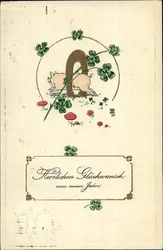 Präge Litho Glückwunsch Neujahr, Hufeisen, Schwein, Kleeblätter, Fliegenpilze