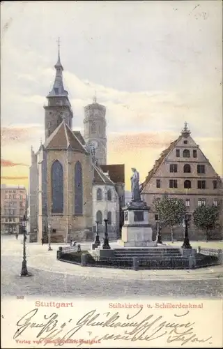 Ak Stuttgart in Baden Württemberg, Stiftskirche, Schillerdenkmal