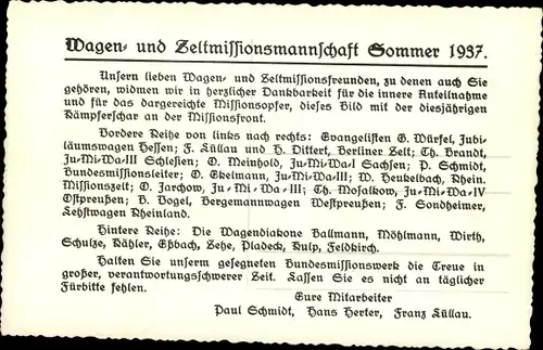 Ak Wagen und Zeltmissionsmannschaft Sommer 1937, Ballmann, Möhlmann, Wirth, Schulze