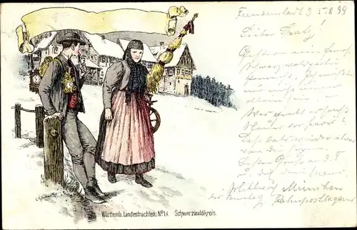 Litho Württembergische Landestrachten No. 14, Schwarzwaldkreis, Frau mit Spinnrad