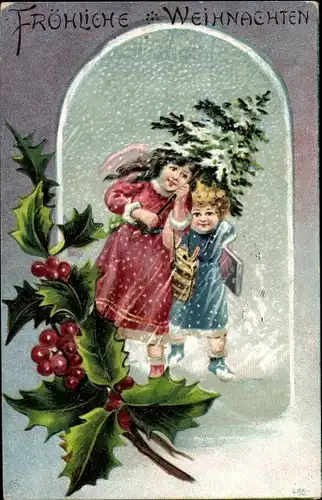 Präge Ak Glückwunsch Weihnachten, Kinder, Stechpalme, Tannenbaum