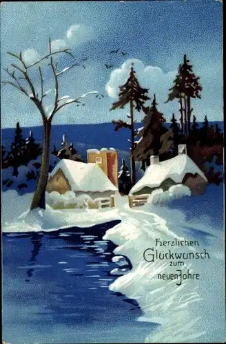 Ak Glückwunsch Neujahr, Ortspartie, Häuser, Bäume, Teich