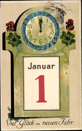 Präge Ak Glückwunsch Neujahr, Uhr, Vergissmeinnicht, Glücksklee, Pilze