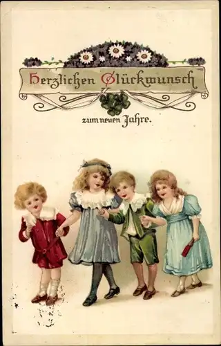 A Glückwunsch Neujahr, Kinder, Glücksklee, Margeriten