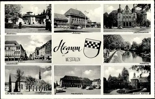 Ak Hamm in Westfalen, Bahnhof, Oberlandgericht, Kirche, Marktplatz, Wappen