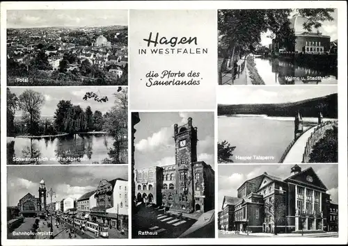 Ak Hagen in Westfalen, Schwanenteich, Rathaus, Stadttheater, Bahnhofsvorplatz, Panorama