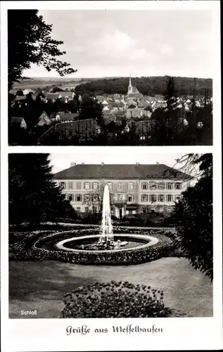 Ak Messelhausen Lauda Königshofen, Schloss, Fontäne, Ortsansicht